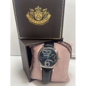 Juicy Couture Black Leather Band Silver Cling Crown Watch New W/New Battery